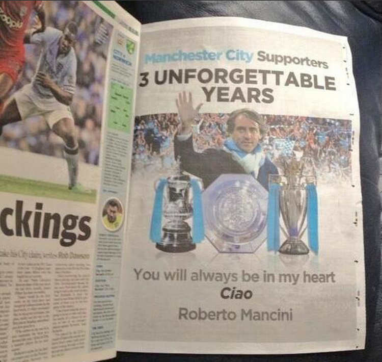 farvel. Manchester Citys fyrede italienske træner Roberto Mancini brugte sine egne penge til at takke Citys tilhængere i en helsides annonce i den lokale avis. 
