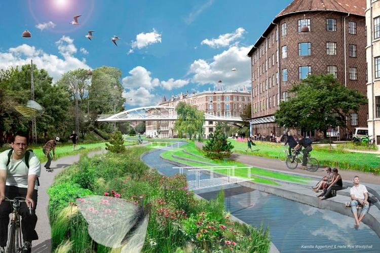 Drøm. Den foreløbige visualisering af,  hvordan en fritlagt Ladegårdså kunne se ud, er nu truet af Københavns Kommunes skybrudsplan. 