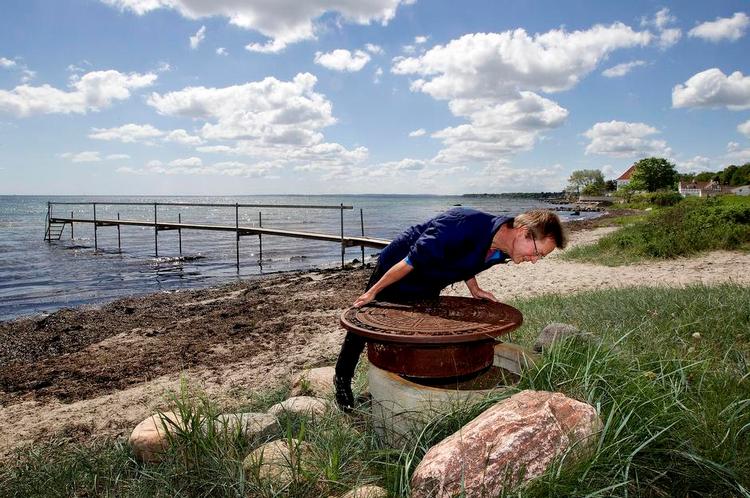 Lowtech. Det er bl.a. sådan en gammel regnvandsbrønd her, der løber over med kloakvand ved skybrud. Biolog Carsten Strøm og Helsingør Kommunes andre fagfolk har endnu ikke fundet en løsning på problemet. Foto: Finn Frandsen 