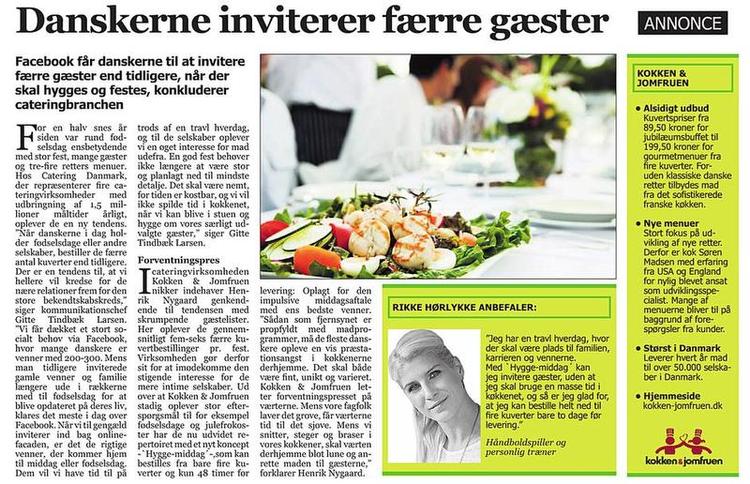 Advertorial. Fotoet viser en artikel bragt i Søndagsavisen, som er betalt af cateringfirmaet Kokken og Jomfruen. 