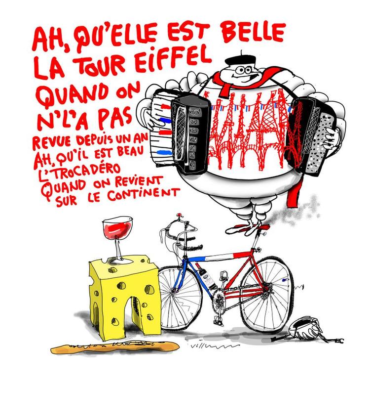 TOUR. En af Jørn Villumsens illustrationer til Bjørn Bredals bulletiner fra det franske. Arkivtegning 