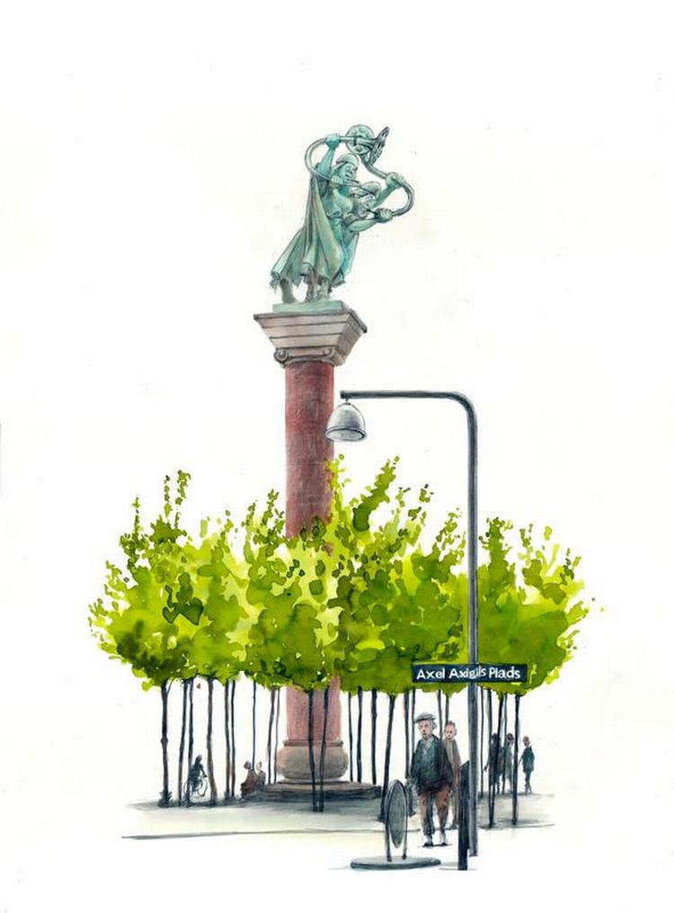 Uenighed. Der er endnu ikke fundet et navn til pladsen over for Vartov. Tegning: Roald Als 