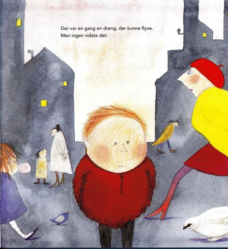 Luftig. Med klarøjede farver og runde hoveder visualiseres historien om drengen, der kan flyve. Illustration: Maj Olika. 