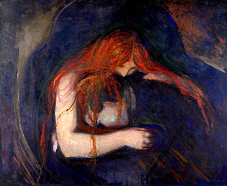 Blodtørstig. I 1895 malede Munch kvinden som en blodsugende vampyr. Han havde mest øje for den dæmoniske og destruktive side af erotikken. 