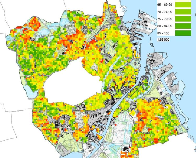 Sofavælgere. Farverne angiver valgdeltagelsen i de forskellige områder af København. De rødeste felter angiver en valgprocent under 25 procent, mens de gule viser en valgprocent på 50-55 procent. Den helt grønne farve angiver en valgdeltagelse over 85 procent. 