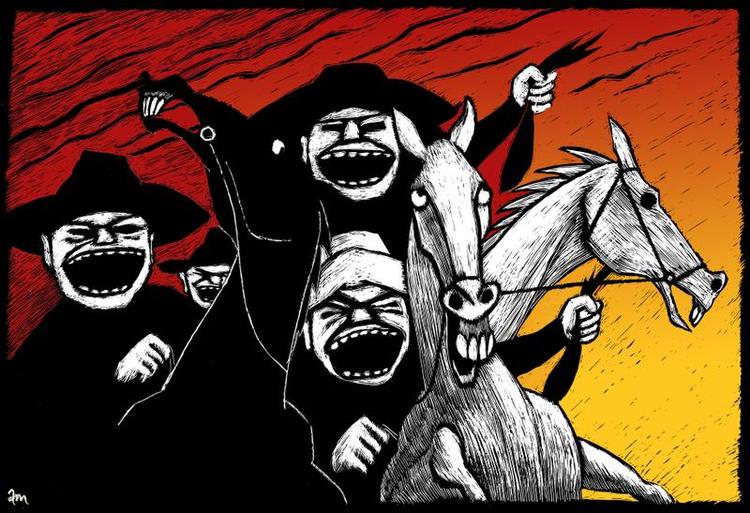 erobring. McCarthy tager udgangspunkt i en virkelig begivenhed. I 1849 red et kompagni amerikanere under ledelse af den selvbestaltede kaptajn John Joel Glanton til Mexico for at tilbyde lokalregeringen deres tjeneste som skalpejægere. Tegning: Anne-Marie Steen Petersen 