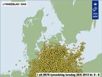 Lynnedslag. Billedet viser DMI's opgørelse over lynnedslag i og omkring Danmark siden midnat. 