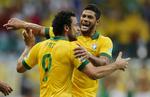 Sejr. Brasilianske Fred fejrer holdets tredje finalemål. 