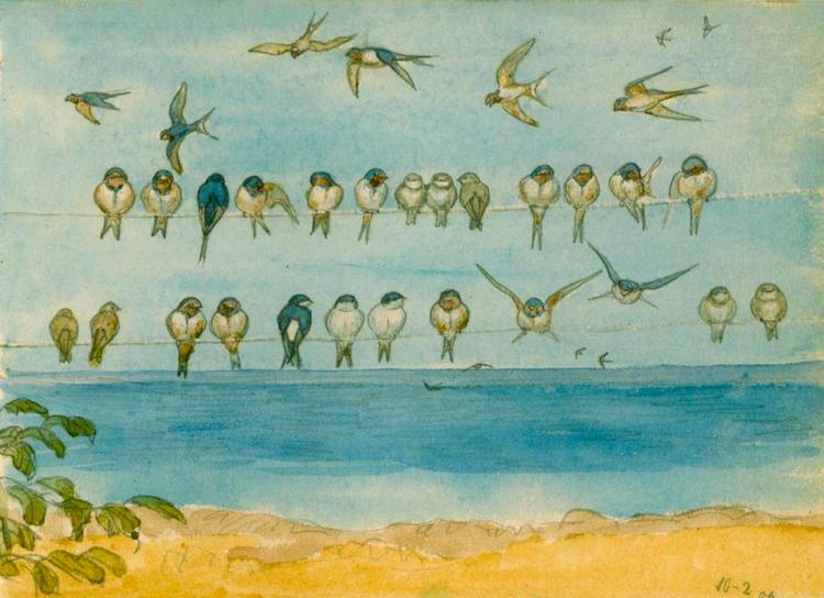 Træf. »Nu flokkes svaler på Danmarks sletter,/ og kornet modner, mod mørke nætter./ Med tidlig klarhed høststjernen tindrer./ Hedt blusser året, thi det erindrer«, lyder Johs. V. Jensens tekst. 