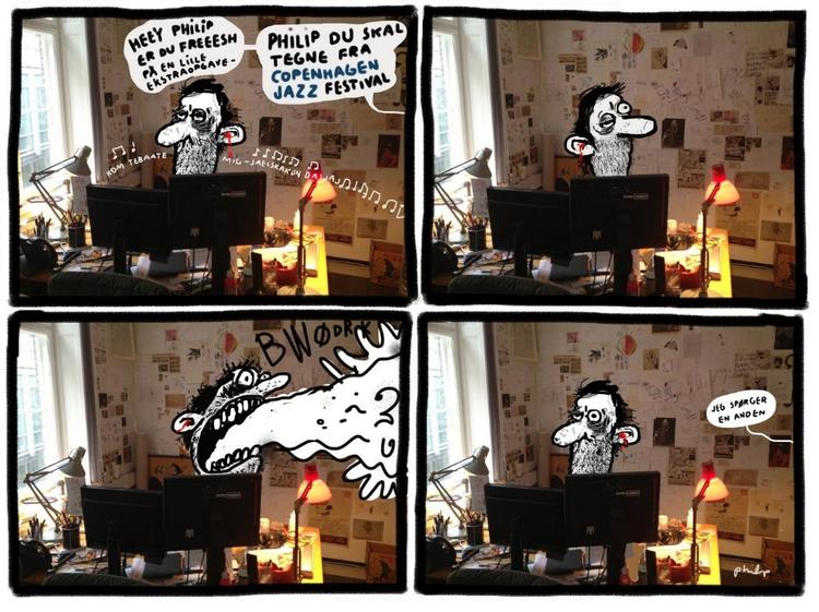 Hjemme. En uge med unge mennesker, ung musik, ungt alkoholindtag og unge menneskers søvnmønstre har taget hårdt på bladtegneren. For ugen var samtidig uden ordentlig rødvin, uden Tour de France, uden confit de canard og uden uforstyrret nattesøvn. Så nu er Philip Ytournel taget hjem for i år. Vi lader ham lige være i fred et par dage. 