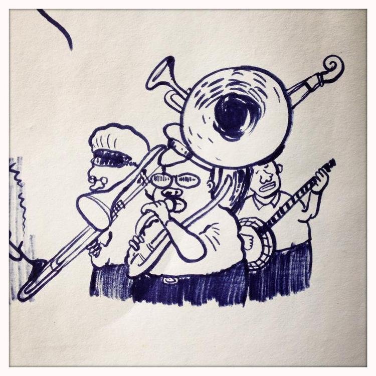 Rødderne. Det hele startede i 1920’ernes New Orleans med legender som King Oliver, Jelly Roll Morton og Louis Armstrong. Tegning: Philip Ytournel 