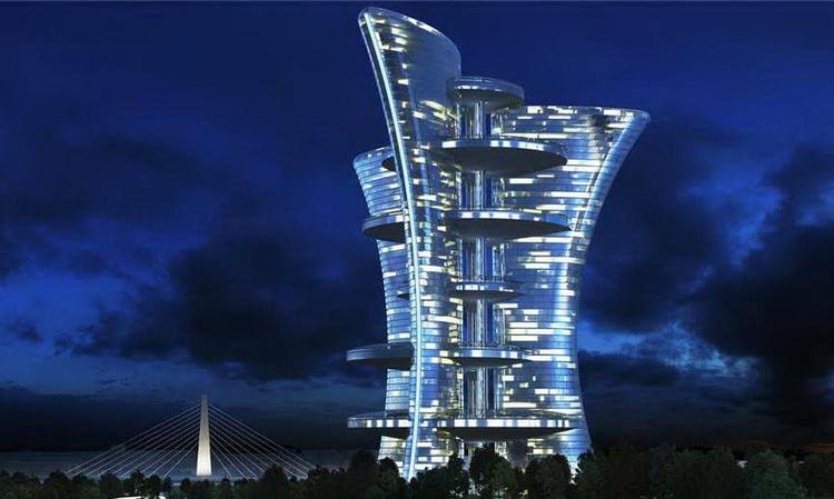 Lyspalæ. Pierre Cardins tilhængere håbede på, at det Dubai-agtige bygningsværk ville kunne puste nyt liv i det udtørrede industriområde i Marghera. Foto: Modelillustration 