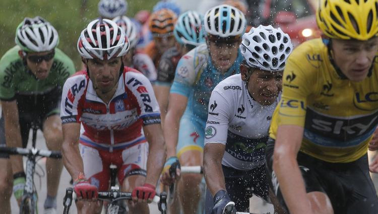 Topryttere. Mollema, Rodriguez, Fuglsang og  Quintana lå i slipstrømmen på Froome på vej op ad den sidste stigning i går. De må i dag kæmpe om de sekundære placeringer i den samlede stilling. 