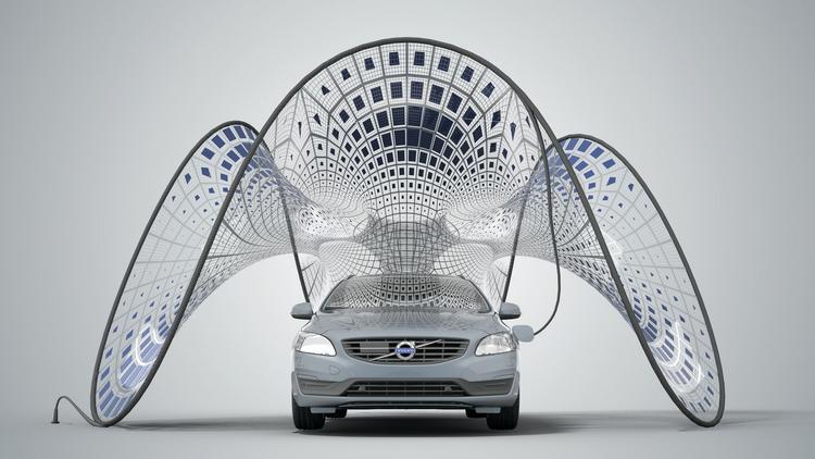 Futuristisk. Det kunne ligne en transportabel carport, men er faktisk et opladningsapparat til elbiler. 