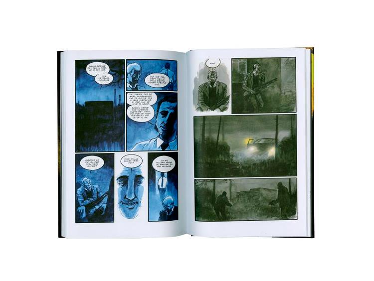 Gennemført. Palle Schmidts tegnestil blander effektivt traditionel krimi og rustikt dansk kunsthåndværk og er hele tiden holdt i en nedtonet skala i varierende dunkle kulører. Tegning: Palle Schmidt 