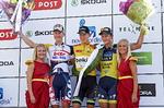 podiet. Wilco Kelderman (midt) vandt Post Danmark Rundt, mens danskerne Lars Bak og Matti Breschel tog de andre pladser på sejrspodiet. 