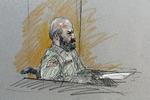 Retssag .Skitse af major Nidal Malik Hasan, der i nat dansk tid var i retten for at skyde og dræbe 13 kollegaer på Fort Hood-basen i Texas. 