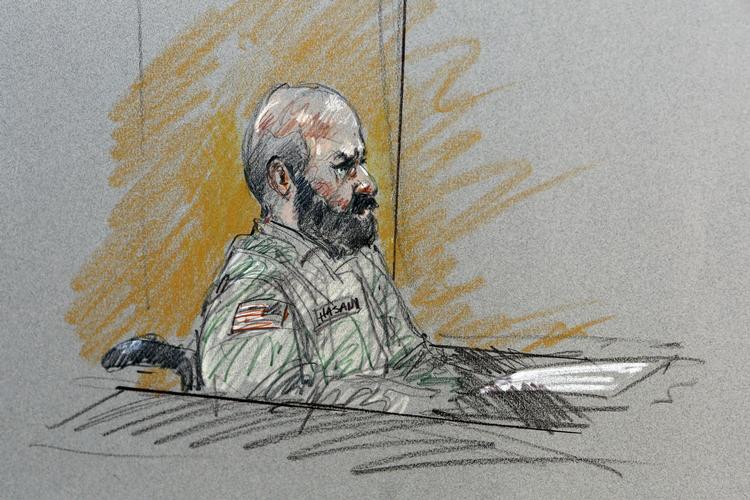 Retssag .Skitse af major Nidal Malik Hasan, der i nat dansk tid var i retten for at skyde og dræbe 13 kollegaer på Fort Hood-basen i Texas. 