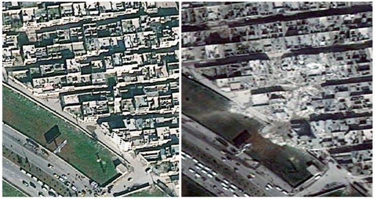 Amnesty International har samlet satellitbilleder, der afslører følgerne af de intense bombardementer. Her ses Habal Badro i Aleppo før og efter et missilangreb i februar. 