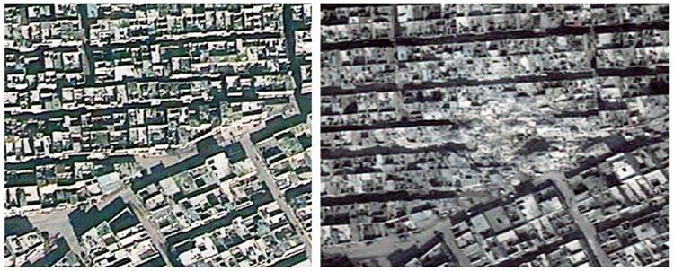 Amnestys satellitbilleder viser følgerne af et missilangreb i Ard al-Harma tidligere i år. 