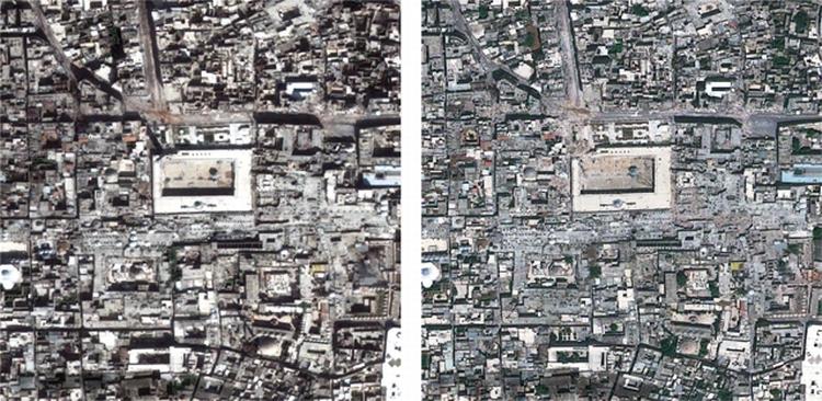 Minareten i Aleppos Store Moske er ødelagt, afslører disse satellitbilleder fra Amnesty International. De er taget før og efter et angreb i april. 