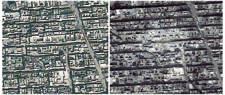 BORGERKRIG. Sådan så der ud i Tariq al-Bab-kvarteret før og efter et missilangreb, der ramte bydelen den 22. februar. 