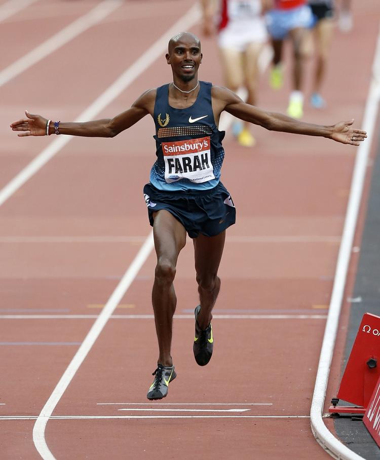 ol-guldvinder. Mo Farah vinder 3.000 meter løb ved Diamond League-stævne i London i 2013. 