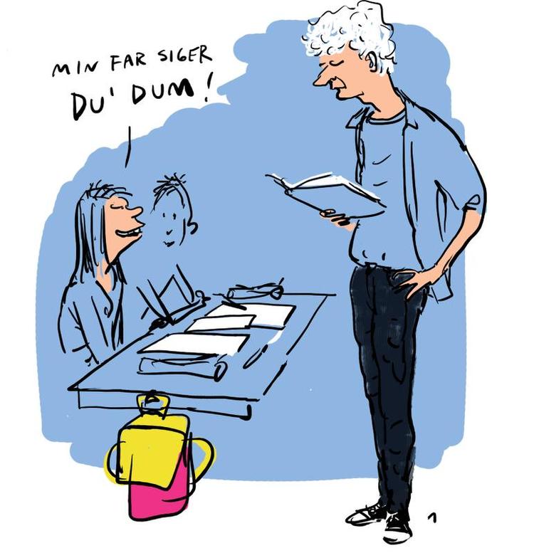 Modarbejdet. En af hovedårsagerne til at mange elever forlader grundskolen uden at beherske grundlæggende kundskaber er, at forældrene systematisk underminerer lærernes faglighed. Tegning: Mette Dreyer 