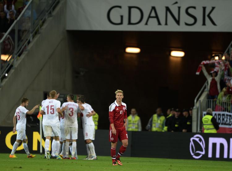 NEDTUR. De polske spillere jubler efter at være kommet foran 3-2 i Gdansk. 
