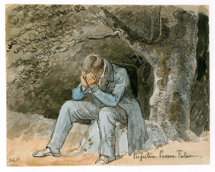 Depression. Med titlen 'Perfectum - Præsens - Futurum' har Lundbye med denne tegning fra 1844, måske et selvportræt, vist fortvivlelse som en permanent tilstand. 