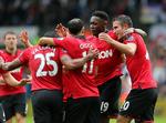 Smæk. Manchester Uniteds Danny Welbeck (nummer to fra højre) scorede to mål mod Michael Laudrups klub. Det samme gjorde van Persie. Foto: 
