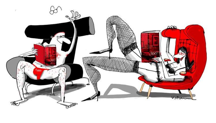 Samling. '360 grader' kredser om aspekter af det erotiske møde mellem mennesker fra det almindelige til det spektakulære og dystre. Tegning: Jørn Villumsen 