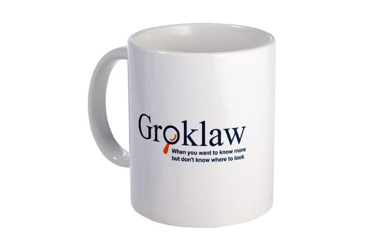 NEDLAGT. Groklaw var så populær, at de havde deres egen merchandise. Nu er jura-bloggen lukket på grund af frygt for NSA-overvågning. (Foto: Groklaw) 