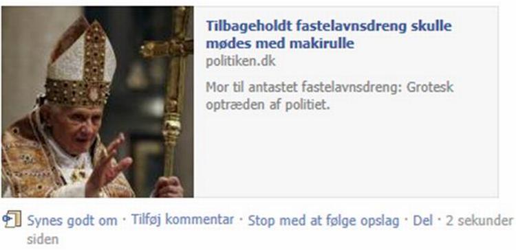 Gudfader! »Se nu her hvad der skete, da jeg linkede til en Politiken artikel på min facebook profil. Fastelavnsdreng eller makirulle? Eller måske et hint om hvad Paven nu skal lave efter han er trådt tilbage fra embedet? Jeg tør ikke gisne om det…«, skriver Linda Lerdrup. Selv på Facebook sker der nogle gange små mirakler, som kan indlemmes i denne serie, der nu triller på 18. kapitel. Halleluja 