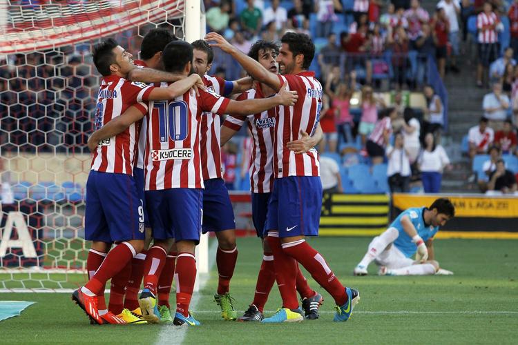 Jubel. Atletico-mændene bankede fem mål ind i derbyet mod Vallecano og har nu scoret otte gange i de to første ligakampe i denne sæson. 
