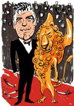 Clooney. I Venedig glæder man sig til fra i dag at byde de amerikanske filmstjerner velkommen. Med sit glorværdige og spegede forhold til filmstjernerne er festivalen gået ind i en ny fase. Tegning: Mette Dreyer 