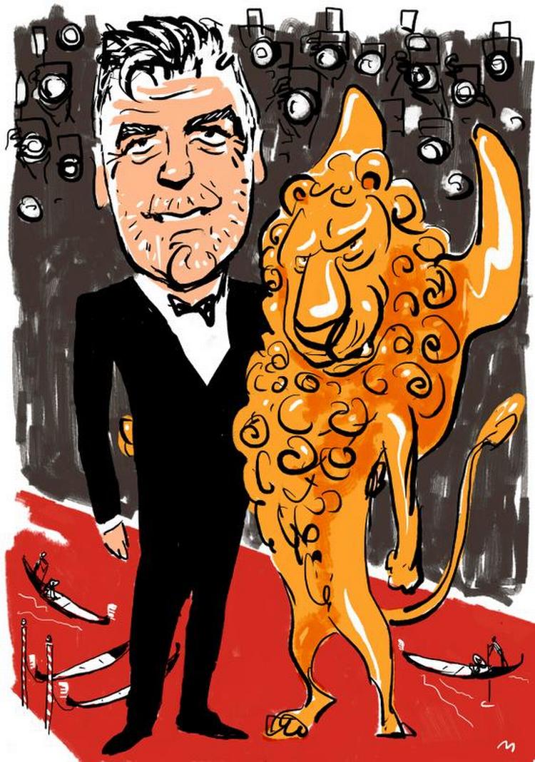 Clooney. I Venedig glæder man sig til fra i dag at byde de amerikanske filmstjerner velkommen. Med sit glorværdige og spegede forhold til filmstjernerne er festivalen gået ind i en ny fase. Tegning: Mette Dreyer 