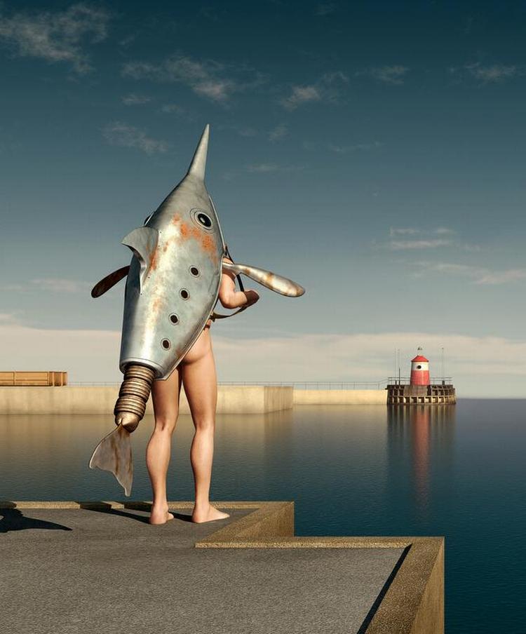 Ole Tersløses 3D-computervisualisering af metalfisk med menneskeben Illustration: Ole Terløse Jensen 