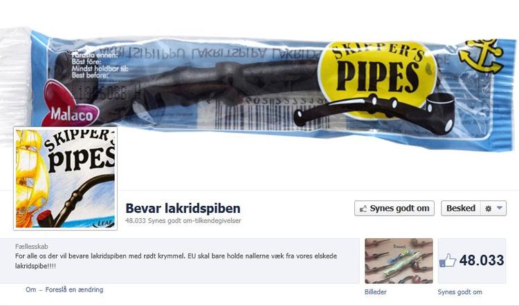 Fredspibe. Facebookgruppen 'Bevar lakridspiben' har nået 48.000 medlemmer. Et flertal af danskerne mener da heller ikke, at slik-piberne er skyld i, at folk starter med at ryge. 