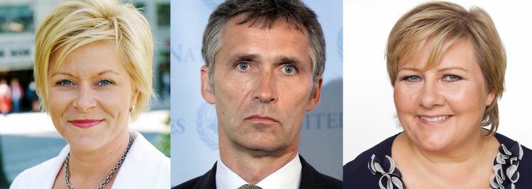 Hovedpersonerne. Formand for oppositionspartiet 'Fremskrittspartiet',  Siv Jensen, Norges statsminister siden 2005, Jens Stoltenberg fra 'Arbeiderpartiet' og formanden for oppositionspartiet 'Høyre', Erna Solberg 