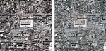 FØR OG EFTER. Satellitbillederne fra Aleppo viser hvordan den berømte minaret ved byens store moské er blevet til et stort krater. 