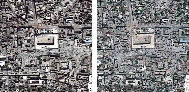 FØR OG EFTER. Satellitbillederne fra Aleppo viser hvordan den berømte minaret ved byens store moské er blevet til et stort krater. 
