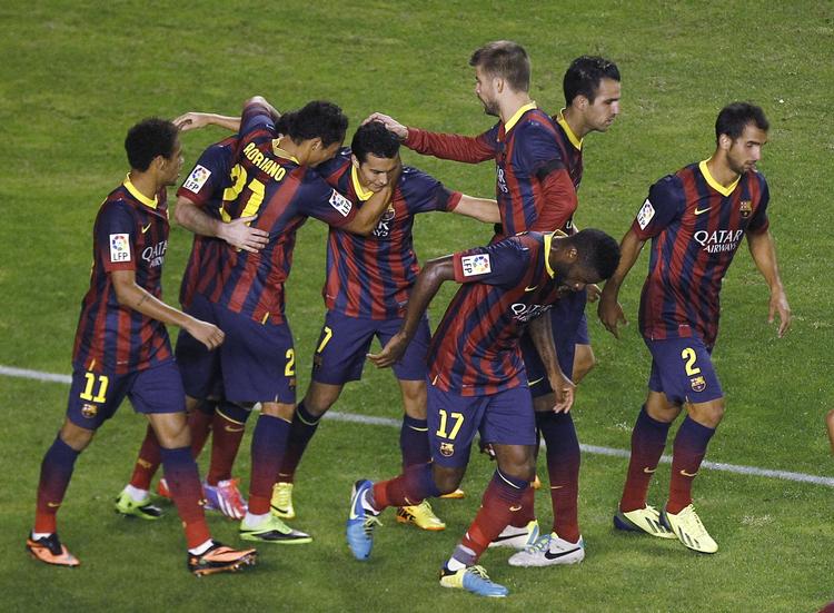 Hattrick. Barcelona fejrer Pedro Rodrigez' mål mod Vallecano, der tabte 4-0. Tre af målene scorede Pedro Rodrigez. 