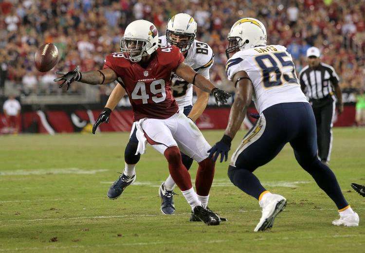 SKADET. I en af sine mange tacklinger for Arizona Cardinals blev Rashad Johnson (tv.) skadet. 
