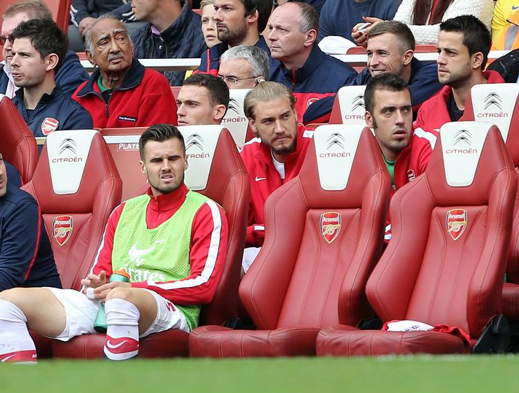 Bænket. Den danske angriber Niklas Bendtner har ikke spillet en kamp for sin klub Aresenal siden maj 2011, men i aften skal han på banen i kampen mod West Bromwich. - Foto: 