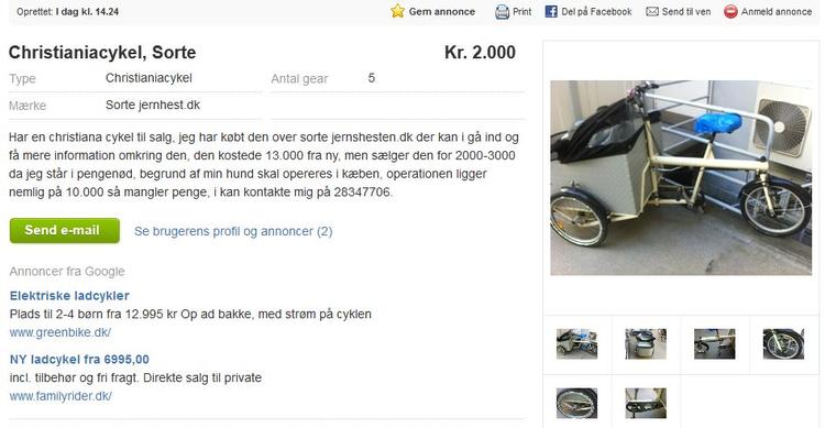 Claus Fahrendorffs elskede ladcykel dukkede op til en pris på 2.000 kroner på dba.dk Handelspladsen opfordrer brugerne til at anmelde den slags annoncer, hvor prisen er for god til at være sand. 