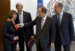 Enighed. Fra venstre ses EU's repræsentant for udenrigs- og sikkerhedspolitik, Catherine Ashton, USA's udenrigsminister, John Kerry, FN's generalsekretær, Ban Ki-moon, og Ruslands udenrigsminister Sergej Lavrov. 