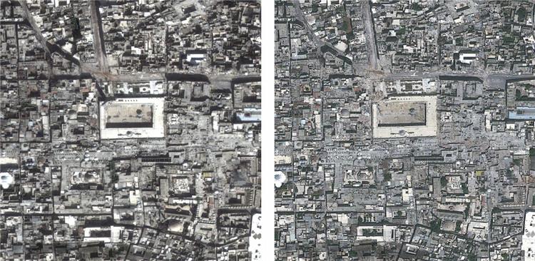 Ødelagt. Et satellitbillede af moskeen i Aleppo - som er at finde på UNESCO's verdenskulturarvliste - før og efter de voldsomme kampe i den gamle by. 