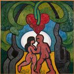 Henry Heerups maleri 'Elskende par i Hjerteskoven'  viser tydeligt hans særegne streg og formsprog. 