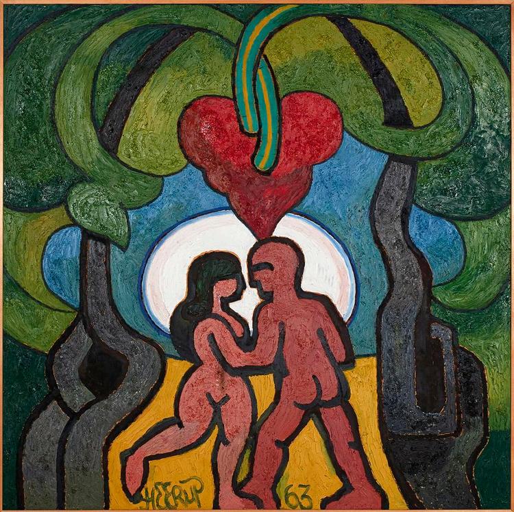 Henry Heerups maleri 'Elskende par i Hjerteskoven'  viser tydeligt hans særegne streg og formsprog. 